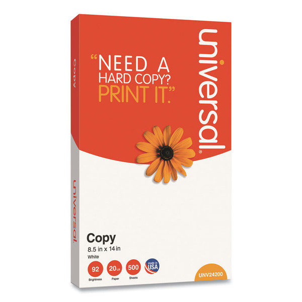 Legal Size Copy Paper, 92 Bright, 20 lb Bond Weight, 8.5 x 14, White, 500 Sheets/Ream [SKU: UNV24200RM]