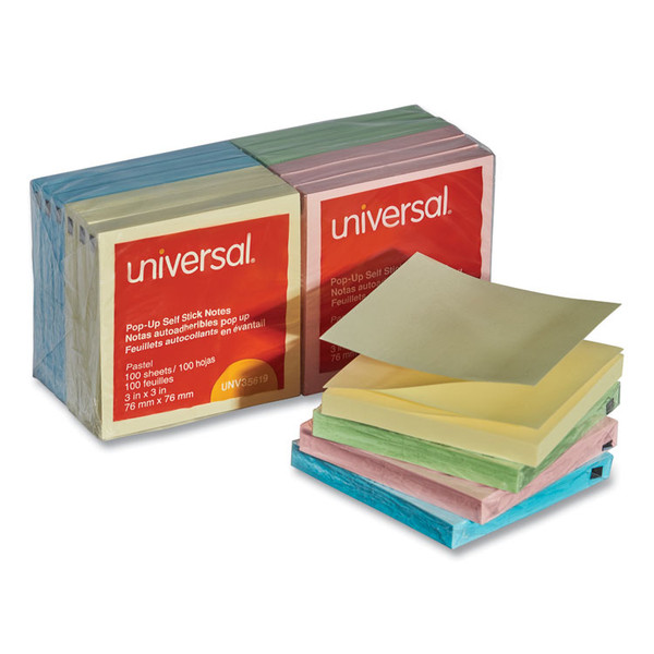 Fan-Folded Self-Stick Pop-Up Note Pads, 3" x 3", Assorted Pastel Colors, 100 Sheets/Pad, 12 Pads/Pack [SKU: UNV35619]