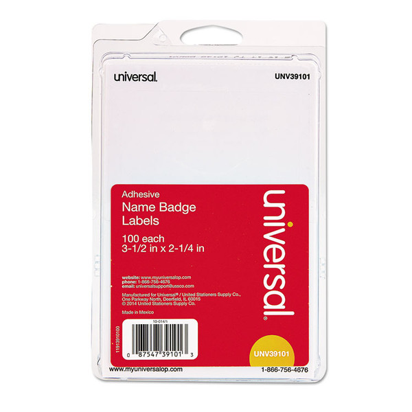 Plain Self-Adhesive Name Badges, 3 1/2 x 2 1/4, White, 100/Pack [SKU: UNV39101]