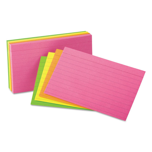 Ruled Neon Glow Index Cards, 5 x 8, Assorted, 100/Pack [SKU: UNV47257]