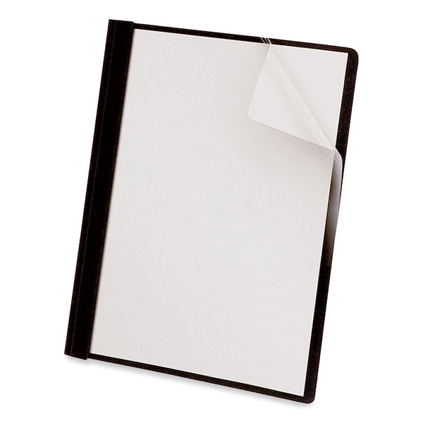 Clear Front Report Cover with Fasteners, Three-Prong Fastener, 0.5" Capacity, 8.5 x 11, Clear/Black, 25/Box [SKU: UNV56116]
