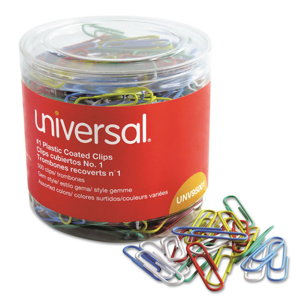 Plastic-Coated Paper Clips with One-Compartment Storage Tub, #1, Assorted Colors, 500/Pack [SKU: UNV95001]