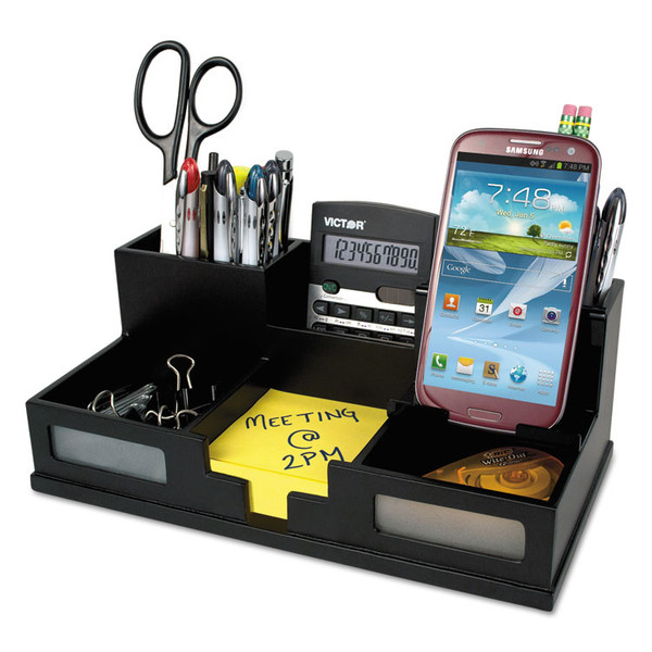 Midnight Black Desk Organizer with Smartphone Holder, 6 Compartments, Wood, 10.5 x 5.5 x 4 [SKU: VCT95255]