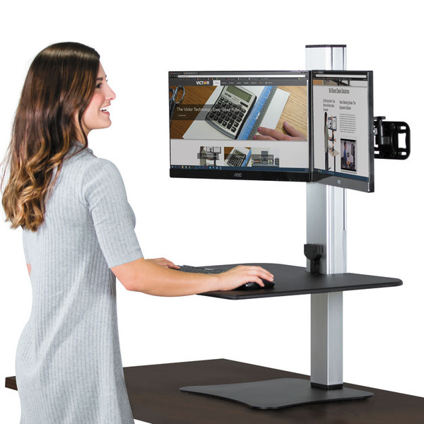 High Rise Electric Dual Monitor Standing Desk Workstation, 28" x 23" x 20.25", Black/Aluminum [SKU: VCTDC450]
