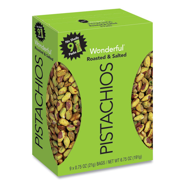 Wonderful No Shells Pistachios, Roasted and Salted, 0.75 oz Bag, 9 Bags/Box, 4 Boxes/Carton [SKU: WONPAR91100]