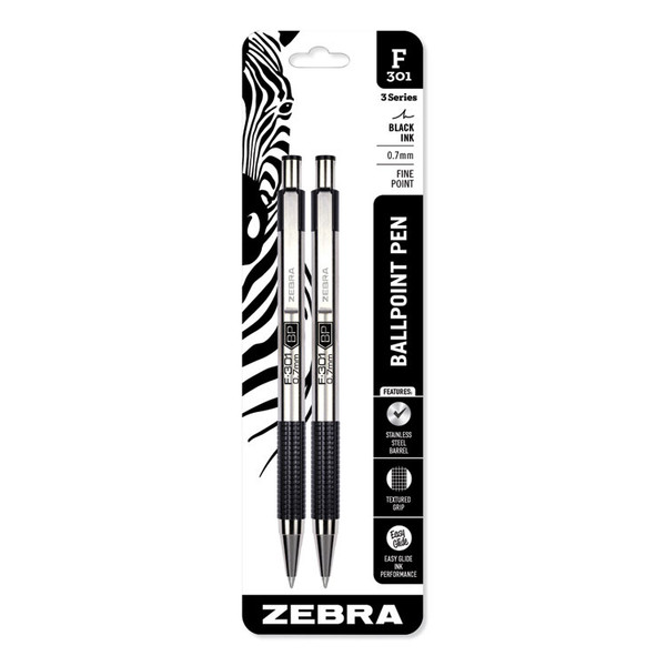 F-301 Ballpoint Pen, Retractable, Fine 0.7 mm, Black Ink, Stainless Steel/Black Barrel, 2/Pack [SKU: ZEB27112]