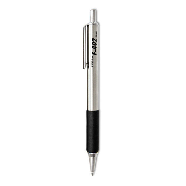 F-402 Ballpoint Pen, Retractable, Fine 0.7 mm, Black Ink, Stainless Steel/Black Barrel, 2/Pack [SKU: ZEB29212]