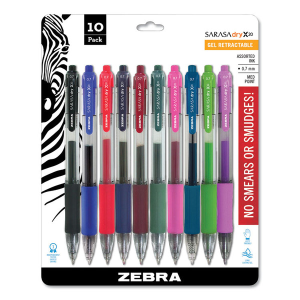 Sarasa Dry Gel X20 Gel Pen, Retractable, Medium 0.7 mm, Assorted Ink and Barrel Colors, 10/Pack [SKU: ZEB46881]