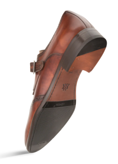 Mezlan Forest Cognac Calfskin Leather Men’s Modern Wing Tip Monk Strap