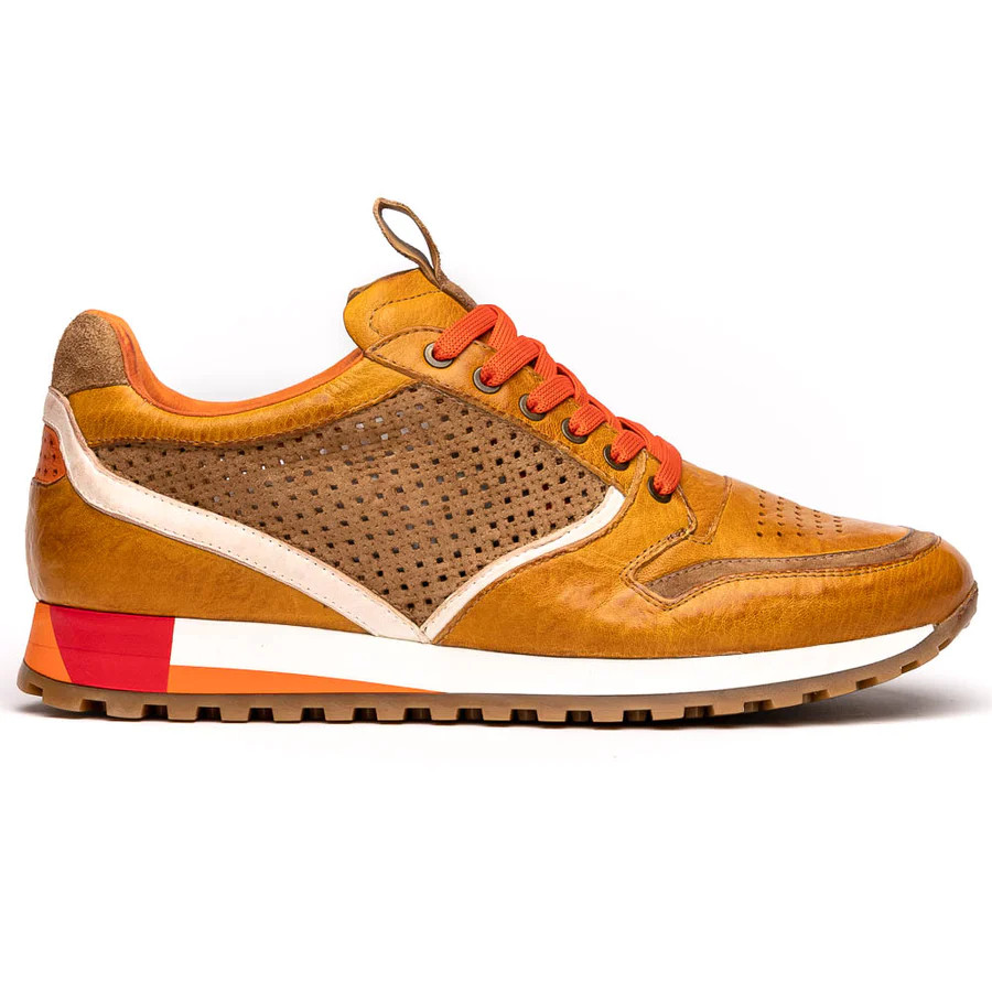 Zelli MATTEO ITALIAN CALF AND SUEDE PERFORATED SNEAKERS Mustard
