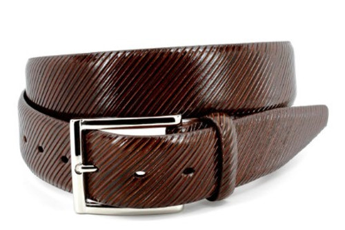 Two-Tone Italian Woven Herringbone Stretch Leather Belt in Saddle