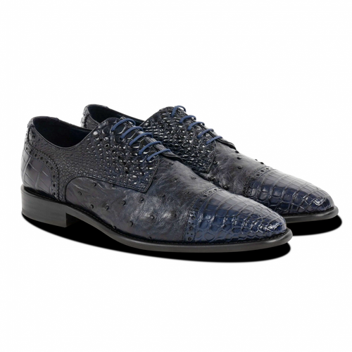 Toscana Ripi Calzoleria Baby Alligator/Ostrich Quill Cap Toe Navy Blue