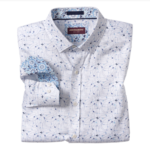 Johnston & Murphy Men's Printed Cotton Shirt White Airplane