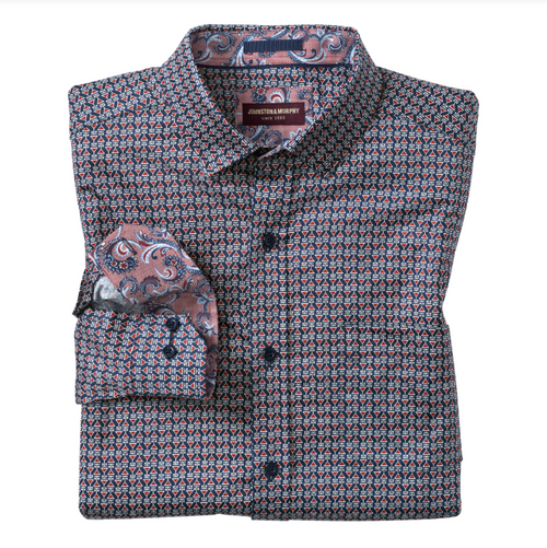 Johnston & Murphy Men's Printed Cotton Shirt Navy/Burgundy Martini