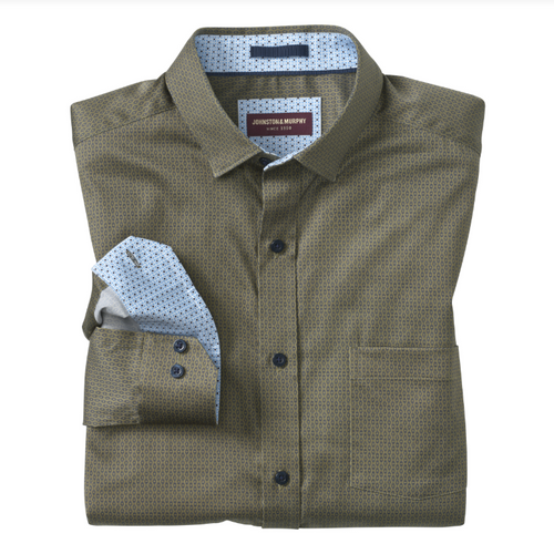 Johnston & Murphy Men's Printed Cotton Shirt Olive/Navy Linked Oval