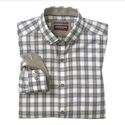 Johnston & Murphy Men's Heathered Woven Shirt Navy/Tan Shadow Grid