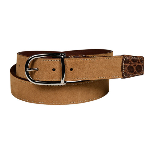 Torino Suede Calfskin Casual Belt with Crocodile-Embossed Calfskin Tabs in Sunset Tan