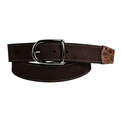 Torino Suede Calfskin Casual Belt with Crocodile-Embossed Calfskin Tabs in Dark Brown