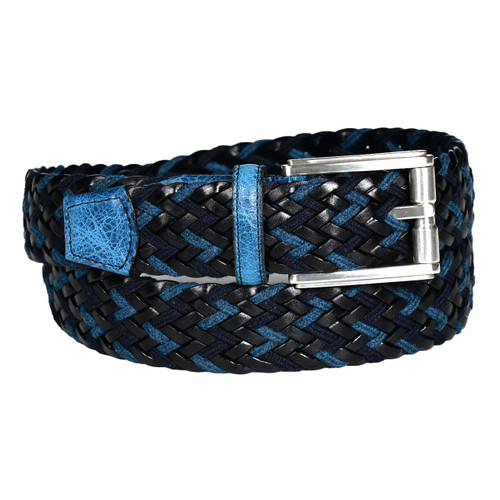 Torino Italian Chevron Weave Belt with Distressed Shrunken Calfskin in Blue/Black/Navy