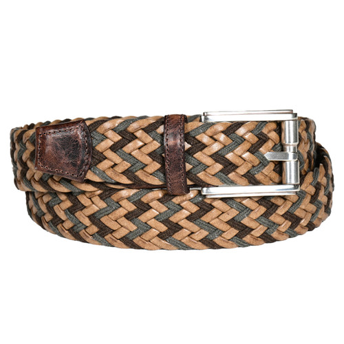 Torino Italian Chevron Weave Belt with Distressed Shrunken Calfskin in Olive/Tan/Brown