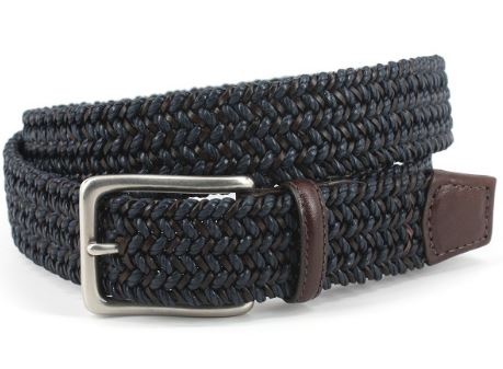 Italian Woven Cotton & Leather Belt in Navy/Brown by Torino