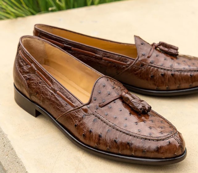 Zelli Genuine Italian Ostrich Leather Tassel Brown Loafer Slip‎ On Shoes 9.5 Zelli Ostrich Tassel Loafers Brown Sz 8M main image 2