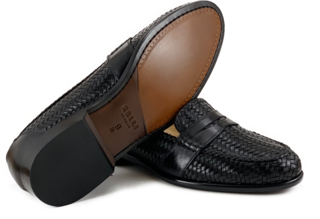 Zelli Nicola Italian Calfskin Basketweave Penny Loafer Black