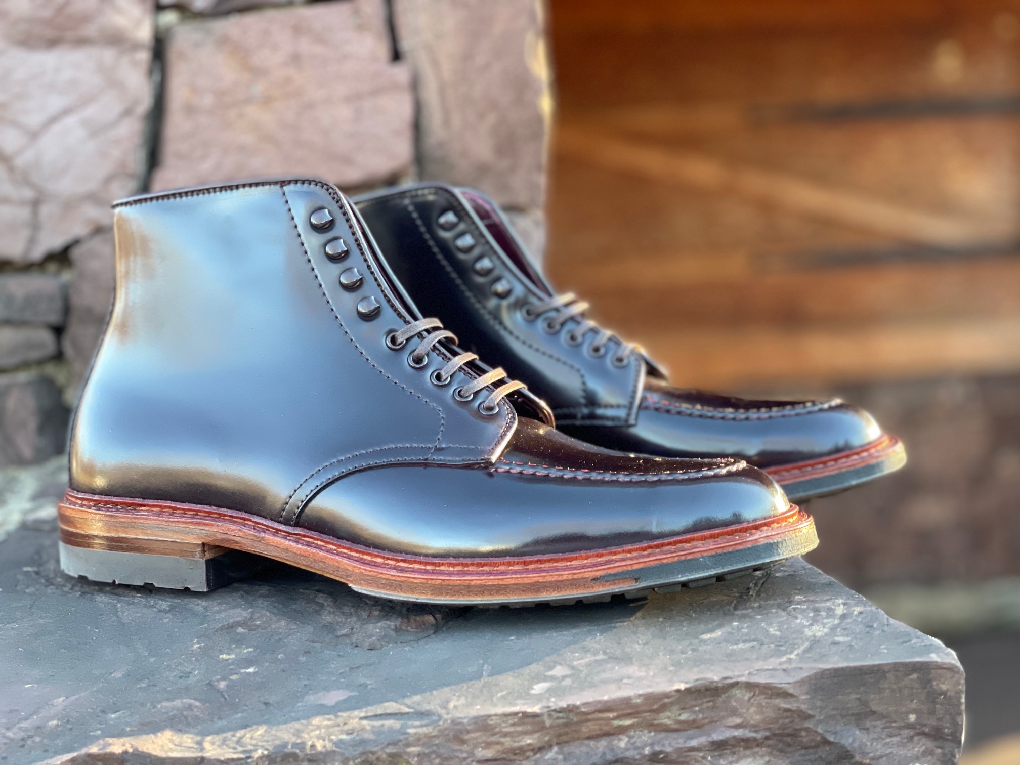 Alden Navy Hi Mocc Toe Boot in Color 8 Shell Cordovan with Commando Sole #  D1979HC