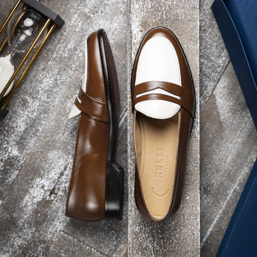 Zelli Alba Calfskin Penny Loafer Camel/Cream - Sherman Brothers Inc