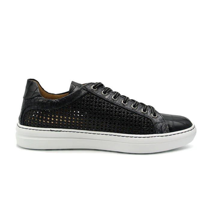 Zelli Vento Calfskin Side Weave & Embossed Crocodile Sneaker Black