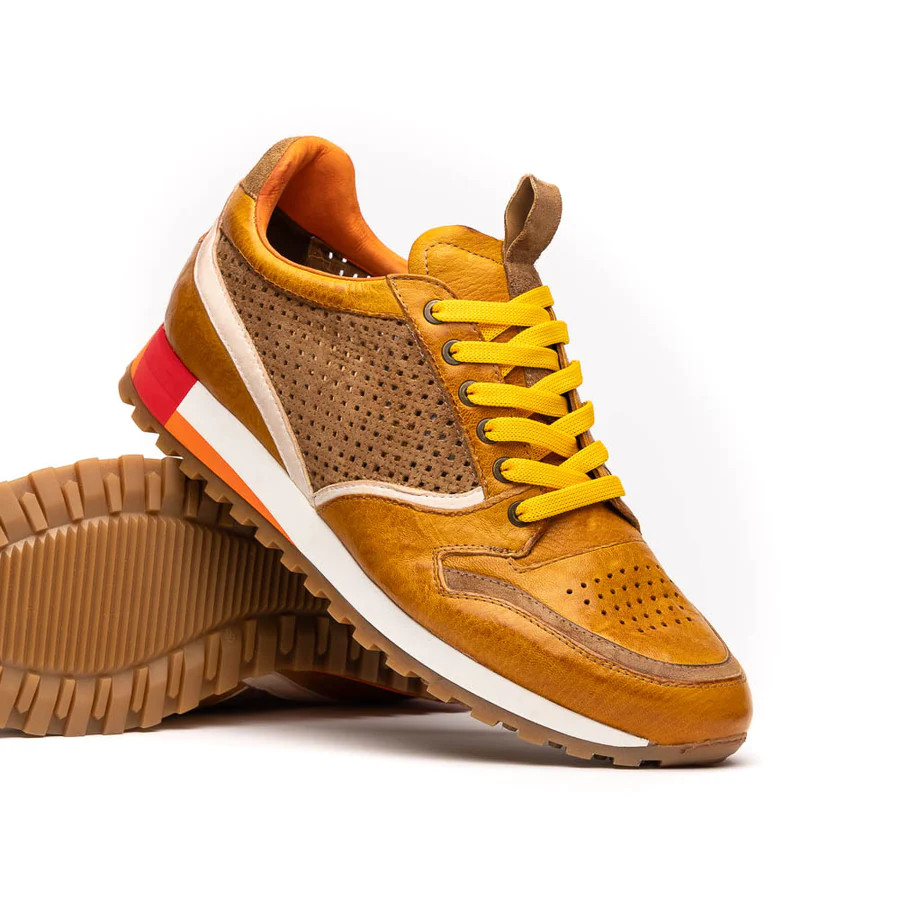 Zelli MATTEO ITALIAN CALF AND SUEDE PERFORATED SNEAKERS Mustard