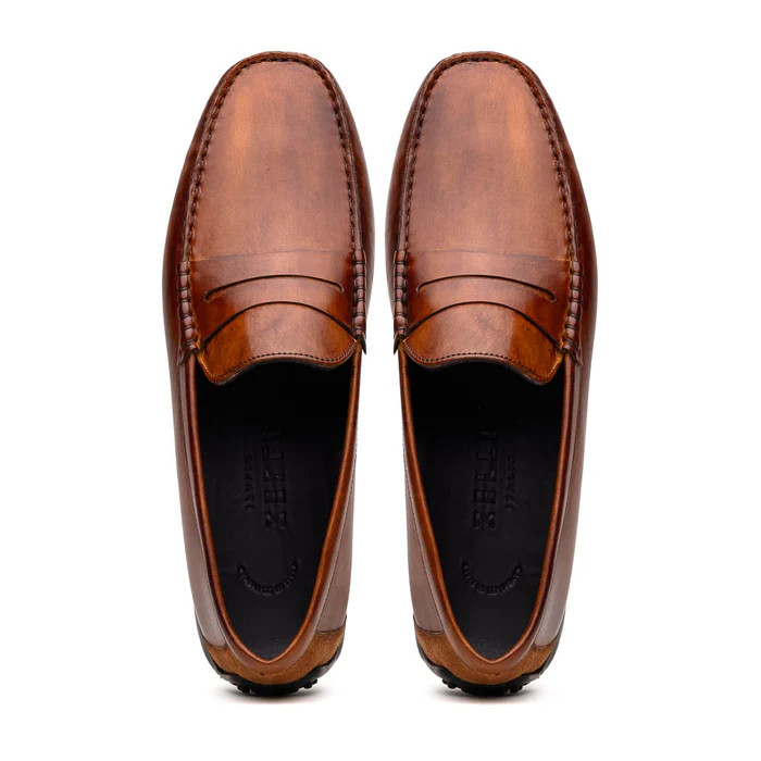 Zelli Monza Hand Burnished Italian Calfskin Driving Loafers Cognac