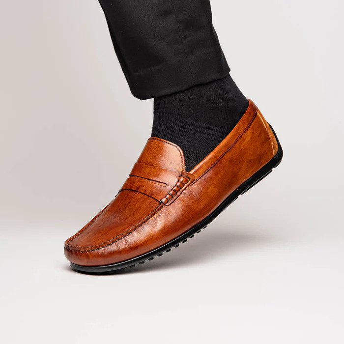 Zelli Monza Hand Burnished Italian Calfskin Driving Loafers Cognac