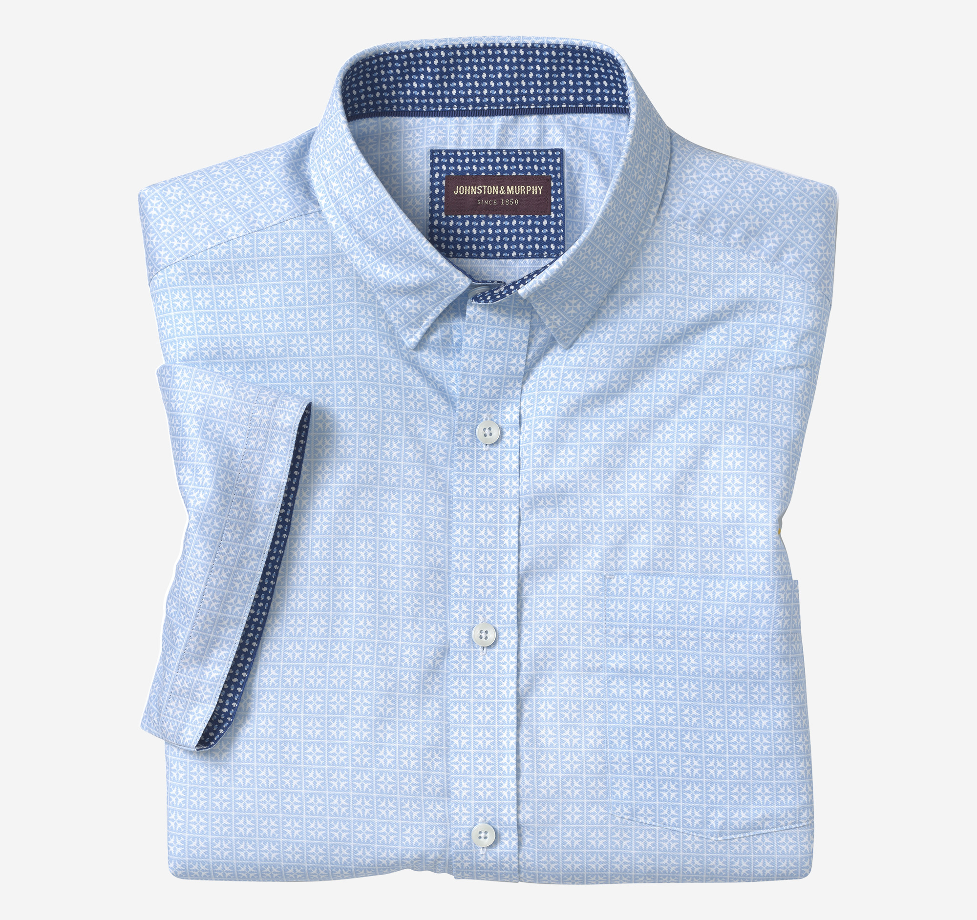 Johnston & Murphy Printed Short-Sleeve Shirt Light Blue Airplane Grid -  Sherman Brothers Inc