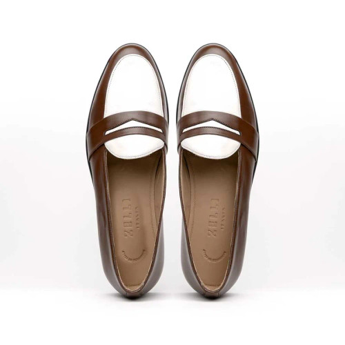 Zelli Alba Calfskin Penny Loafer Camel/Cream - Sherman Brothers Inc
