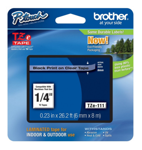 Brother TZe-111 Laminated 6mm x 8m - Black printing on Clear Tape