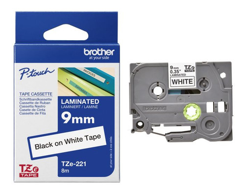 Brother TZe-221 Laminated 9mm x 8m - Black printing on White Tape
