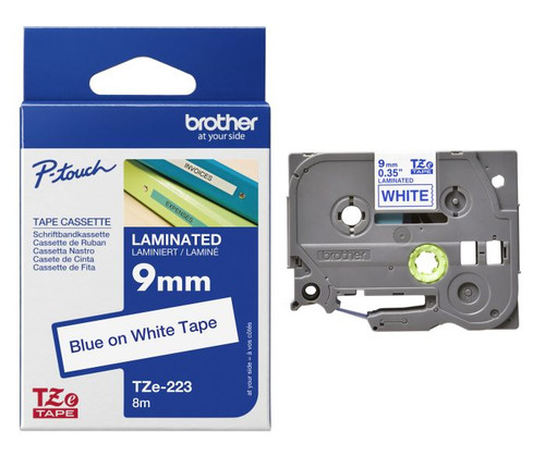 Brother TZe-223 Laminated 9mm x 8m -  Blue printing on White Tape