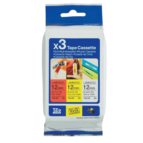 Brother PTouch Ribbon 12mm x 8m 3 Pack Value Pack Labelling Tape- TZE31M3