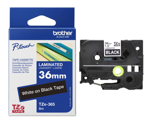 Brother TZe‑365 White On Black Laminated P‑Touch Adhesive Labelling Tape 36mm x 8m