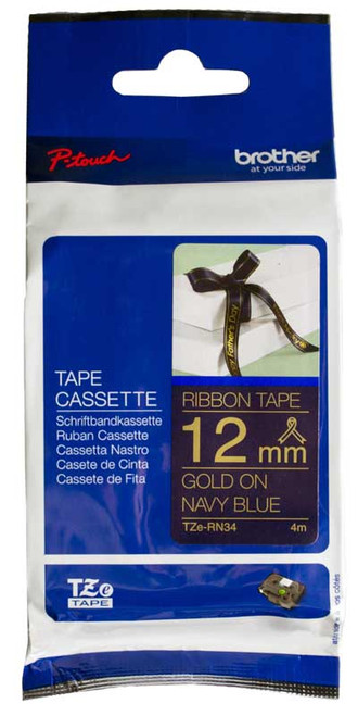 Brother TZe-RN34 Labelling Tape Ribbon– Gold on Navy Blue, 12mm wide