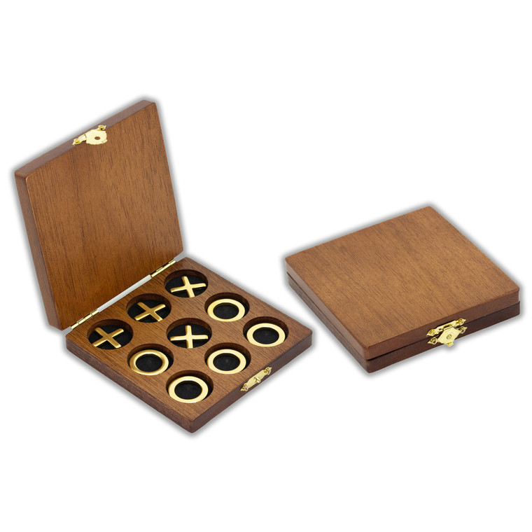 Premium Travel Brass Noughts & Crosses Game : Open & Closed Side By Side