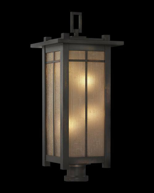 541580ST Capistrano 6 Light Outdoor Post Mount in warm bronze patina finish and striated champagne linen glass
