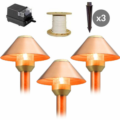 DIY Pro Pack LED Pathway Area Light, Flat Top Mini Cone Shade, Raw Copper, Landscape Lighting 3pcs - LED-PAMI-AQ114-RC-3DIY