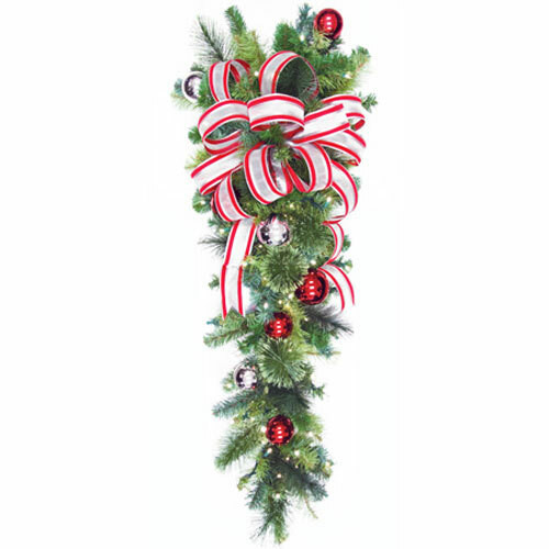 54" Red & Silver LED Column Drop with Candy Cane Bow