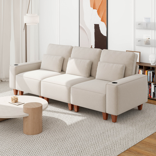 Beige Chenille Deep Seat 3-Seater Sofa with Brushed Stainless Steel Cup Holders and 3 Decorative Pillows