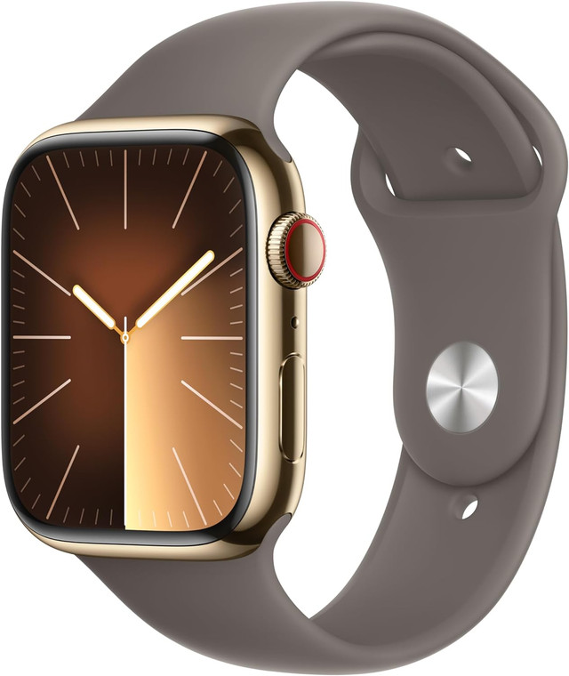 Apple Watch Series 9 (GPS + Cellular) 45mm Gold Stainless Steel Case with Clay Sport Band S/M (140-190mm wrist)