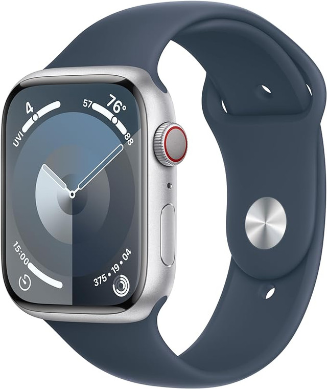 Apple Watch Series 9 (GPS + Cellular) 45mm Silver Aluminium Case with Storm Blue Sport Band M/L (160-210mm wrist)