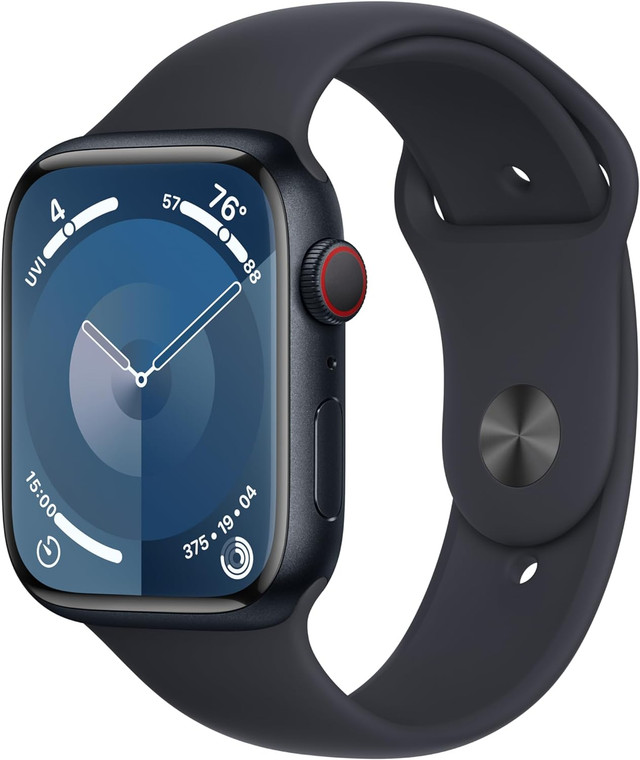 Apple Watch Series 9 (GPS + Cellular) 45mm Midnight Aluminium Case with Midnight Sport Band S/M (140-190mm wrist)