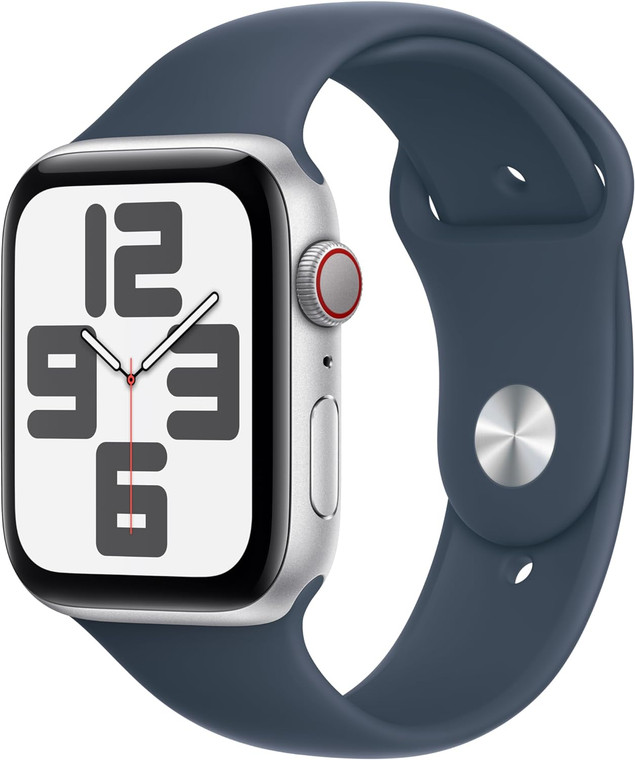 Apple Watch SE (GPS + Cellular) 44mm Silver Aluminium Case with Storm Blue Sport Band M/L (160-210mm wrist)